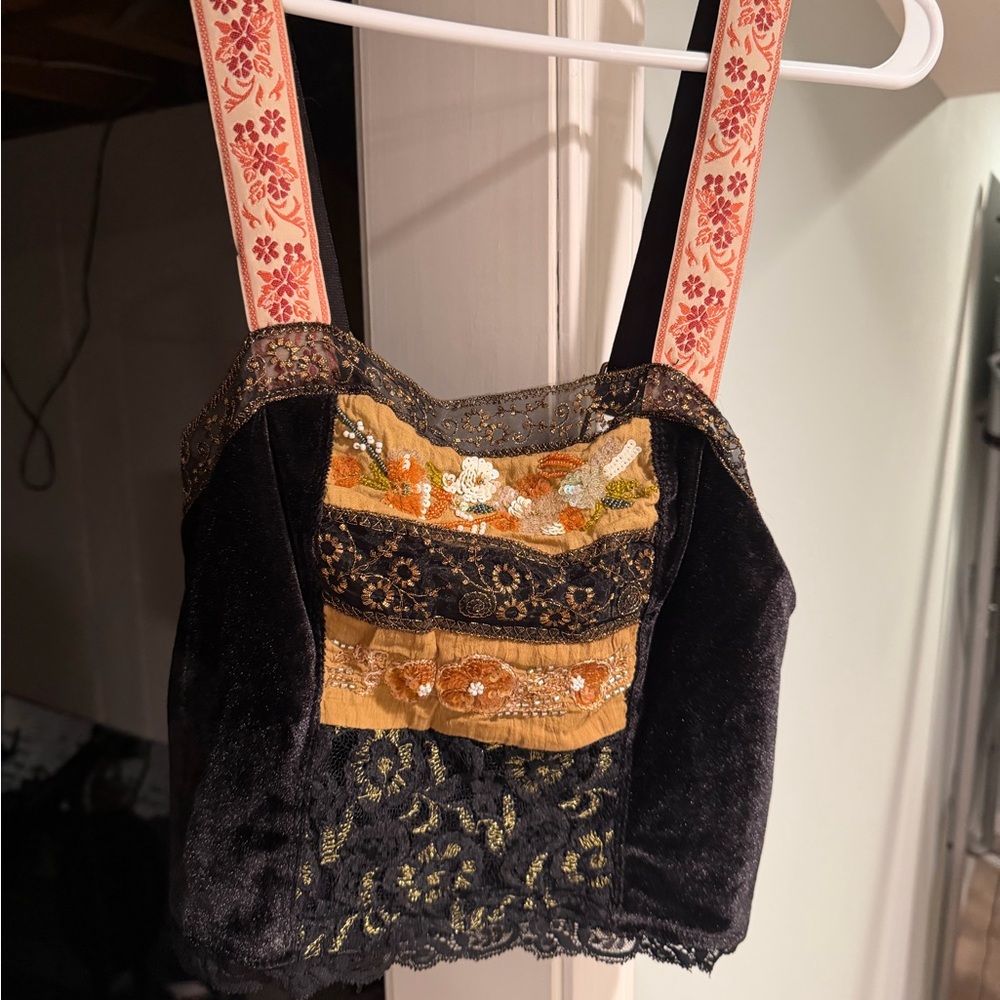 Free People Black Velvet Embroidered Tank